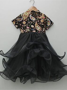 Girls Black Paisley Embroidered Tulle Party Dress